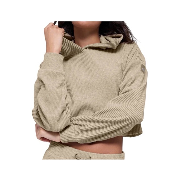 Aloha Island Tops - ALO Yoga Muse Cropped Hoodie Long Sleeve Ribbed Pullover Large Gravel Heather